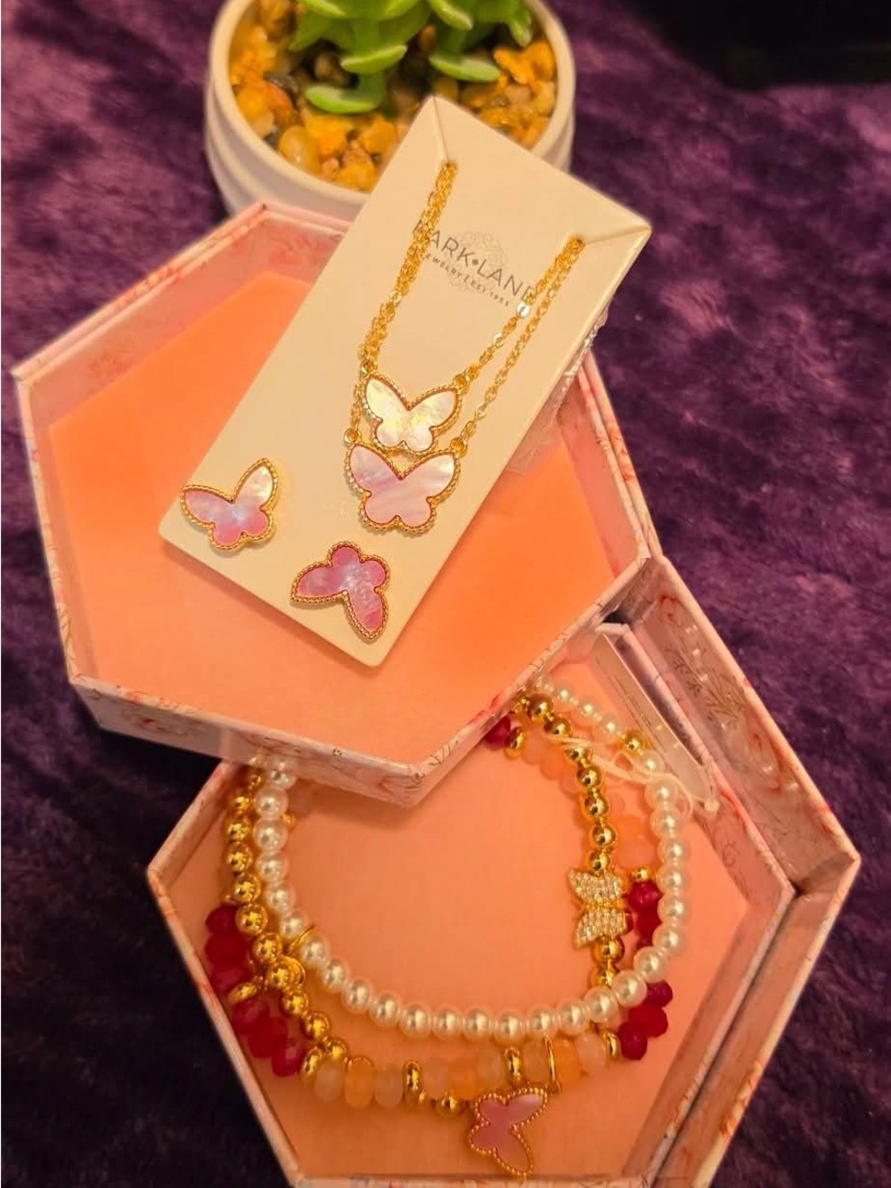 Park Lane Gold-Tone Pink Butterfly Necklace and Bracelet Set